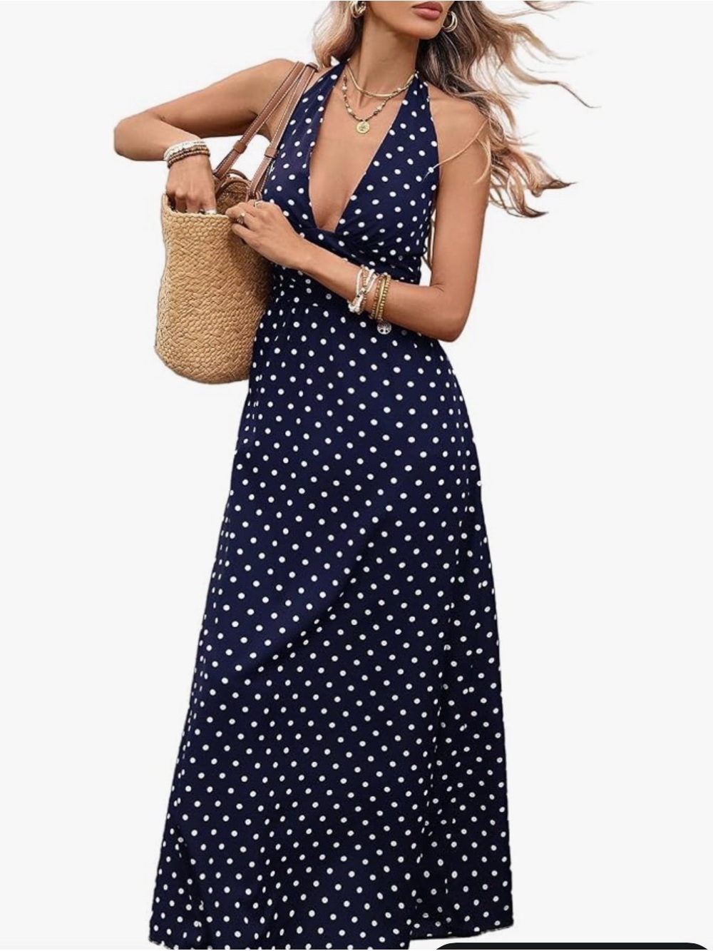 Polka Dot Halter Maxi Dress in Navy